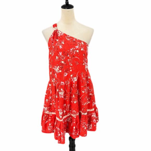 Free People All Mine Red Linen Blend One Shoulder Floral Flowy Boho Mini Dress - Picture 4 of 12